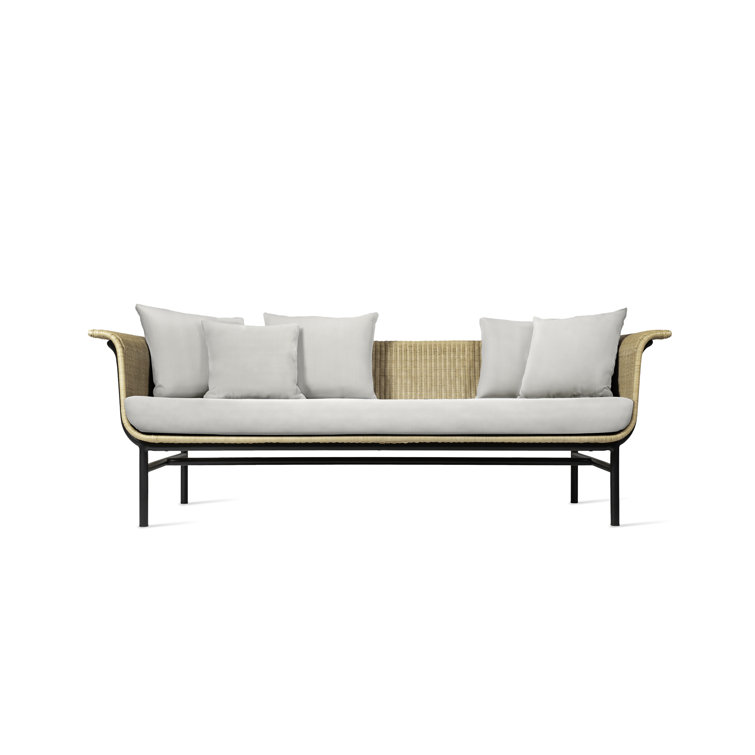 Contemporary Black Metal & Rattan 3-Seater Sofa with Light Gray Cushions