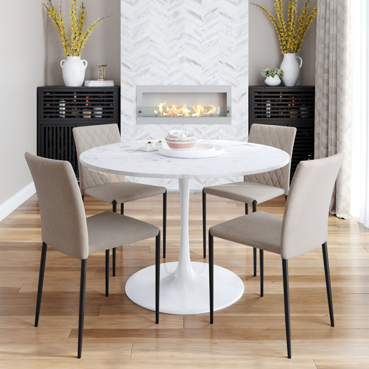 White Marble and Wood Round Dining Table