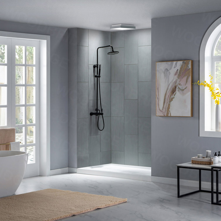 48" White Rectangular Shower Pan with Matte Black Drain Cover