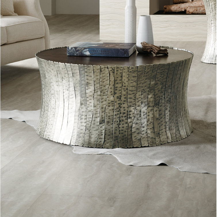 Round Brown Wood and Silver Metal Coffee Table