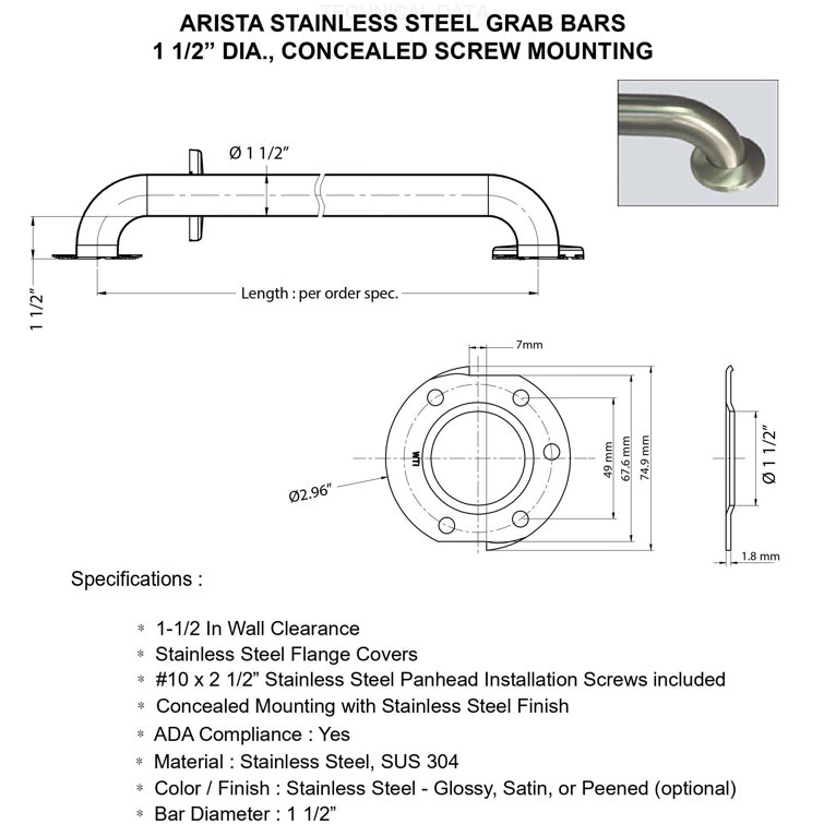 Brushed Stainless Steel 32-Inch Wall Mount Grab Bar