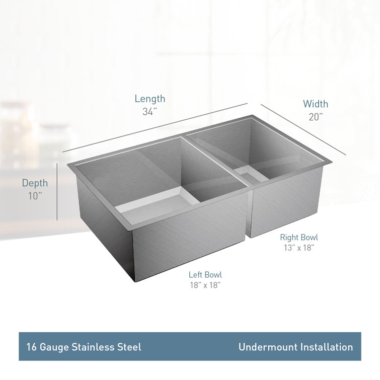 34" Stainless Steel Double Bowl Undermount Kitchen Sink