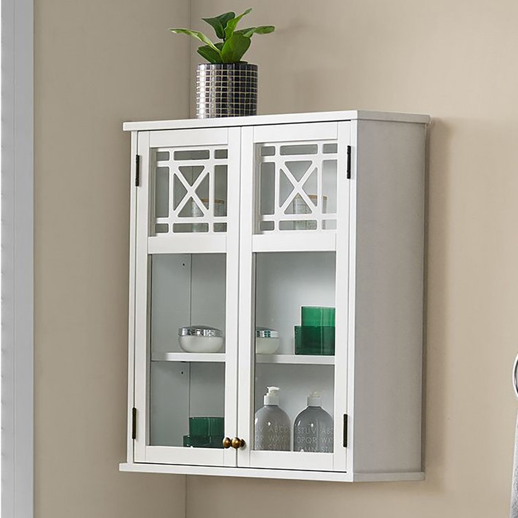 White Wood Wall Mounted Bath Storage Cabinet with Glass Doors