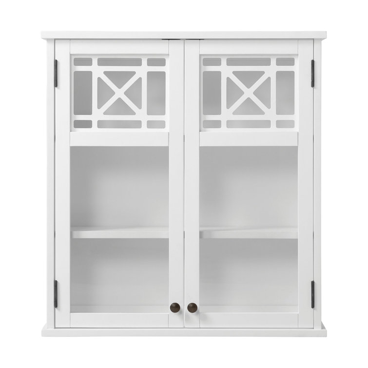 White Wood Wall Mounted Bath Storage Cabinet with Glass Doors