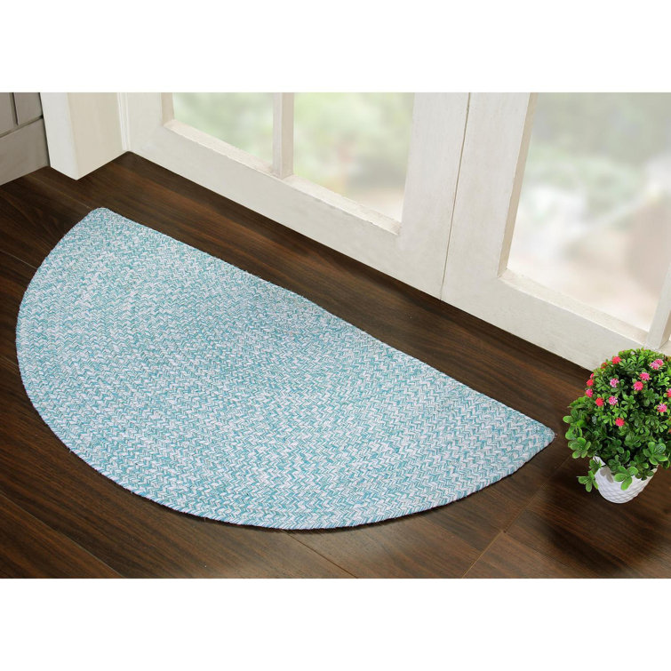 Turquoise and White Braided Cotton Half Circle Rug