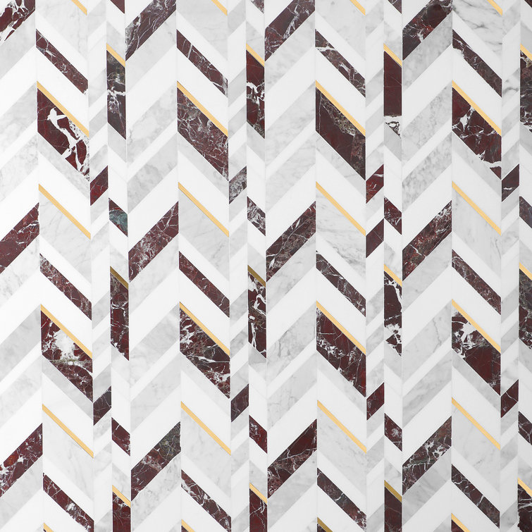 Tyra 12" x 18" Polished Marble and Brass Chevron Mosaic Tile