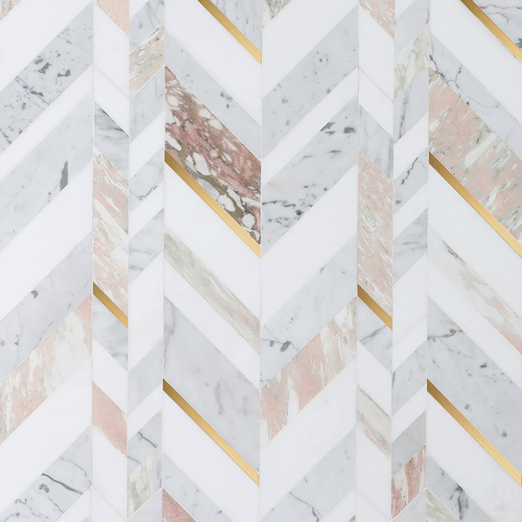 Xander 12" x 18" Polished Marble and Brass Chevron Wall Tile