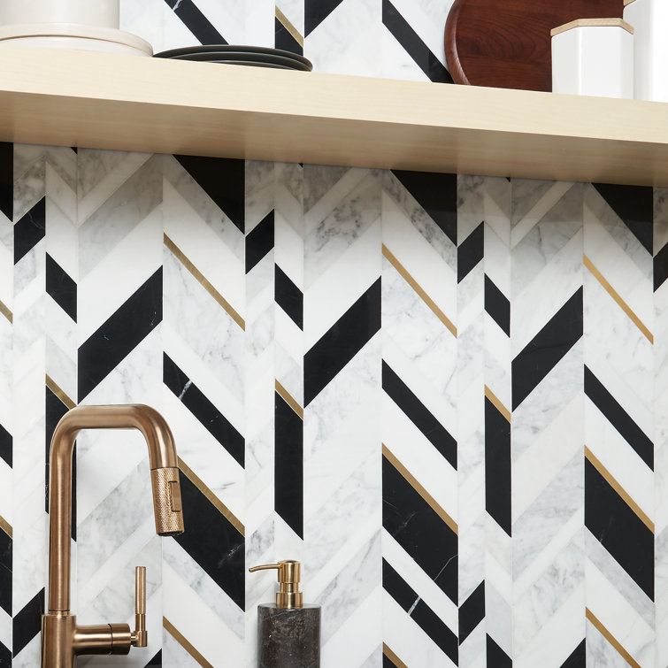 Xander Polished Marble and Brass Chevron Wall Mosaic Tile