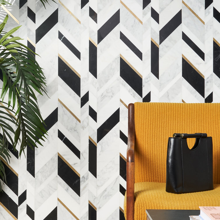 Xander Polished Marble and Brass Chevron Wall Mosaic Tile