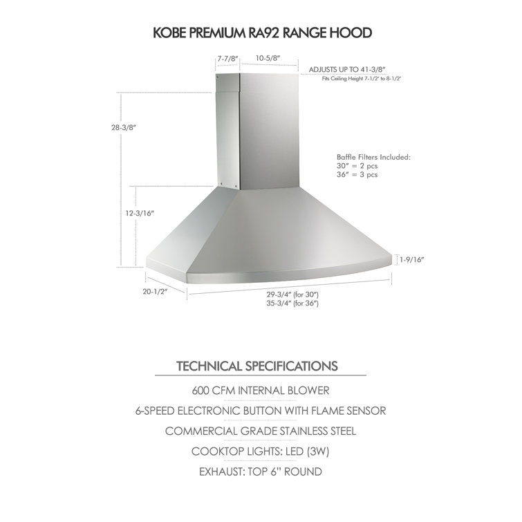 36-Inch Stainless Steel Wall Mounted Range Hood with LED Lights