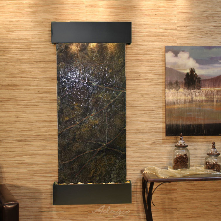 Green Marble and Blackened Copper Wall Fountain with Halogen Lighting