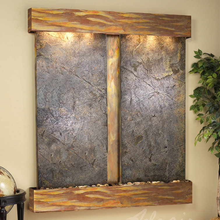 Rustic Copper and Green Feather Slate Wall Fountain