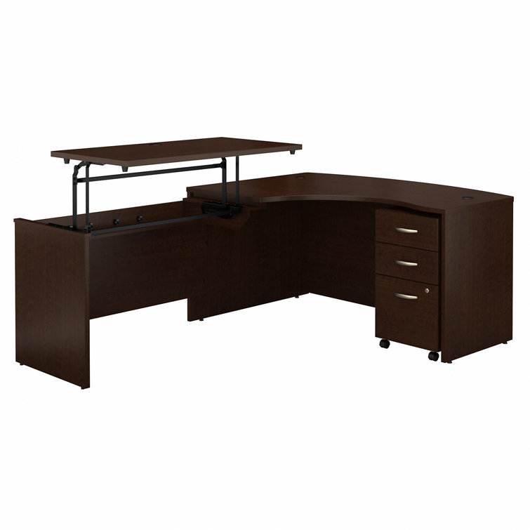 Mocha Cherry L-Shaped Adjustable Height Desk with File Cabinet