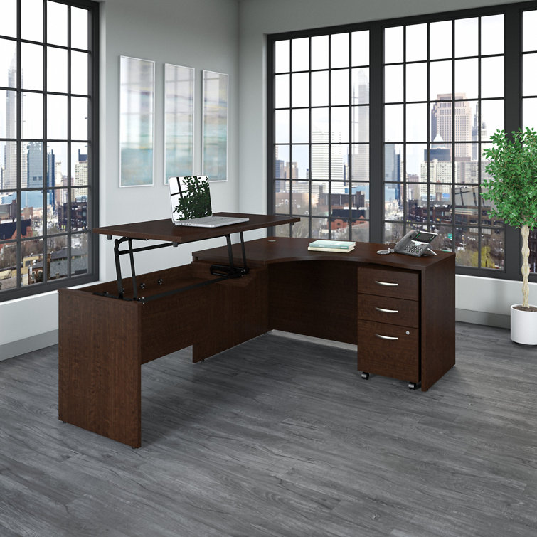 Mocha Cherry L-Shaped Adjustable Height Desk with File Cabinet