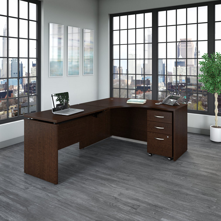 Mocha Cherry L-Shaped Adjustable Height Desk with File Cabinet