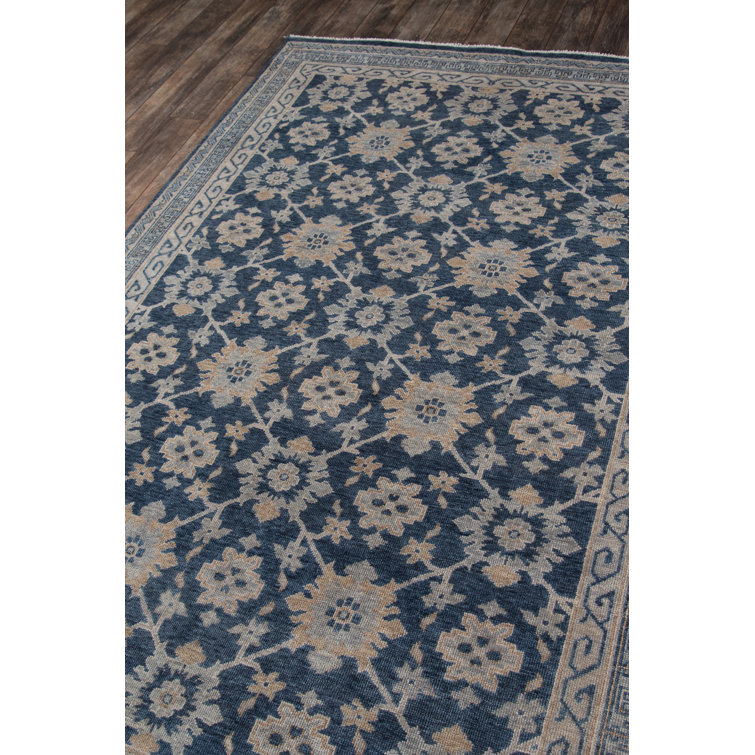 Handmade Blue Wool Floral Rectangular Area Rug