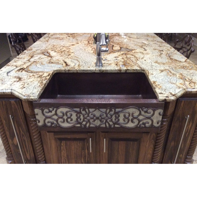 37" Hammered Copper Farmhouse Sink with Scroll Design