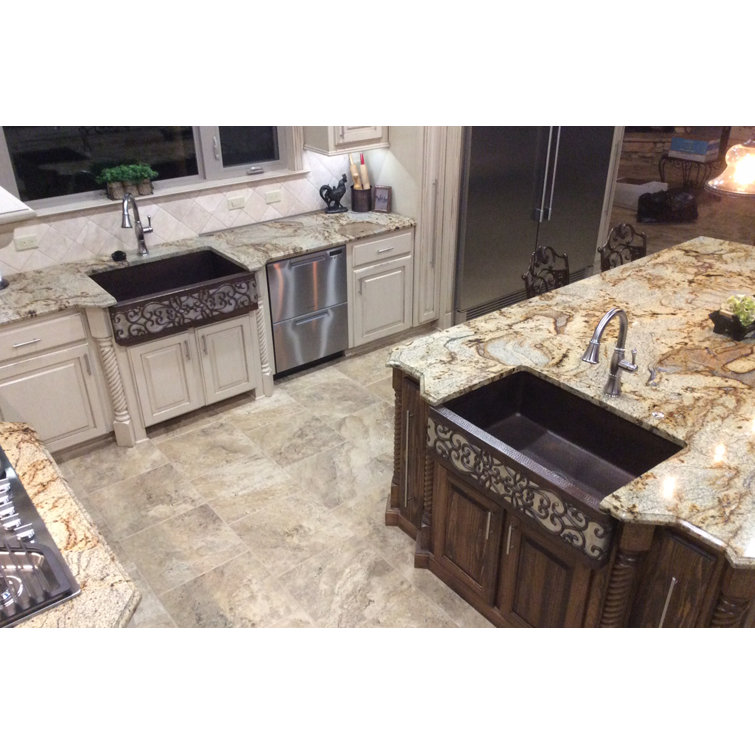 37" Hammered Copper Farmhouse Sink with Scroll Design