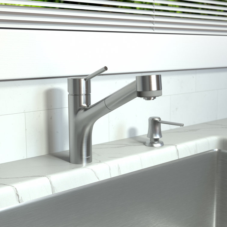 Modern Steel Optik Pull-Out Spray Kitchen Faucet in Chrome