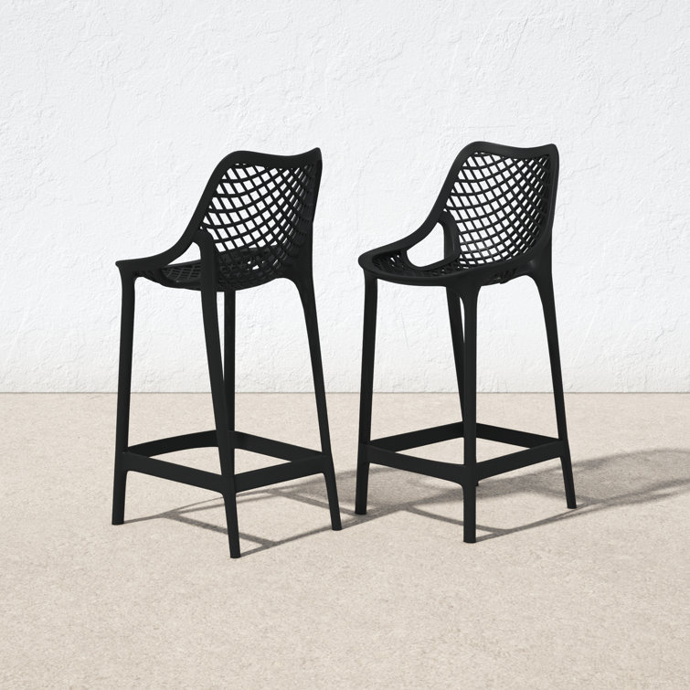 Black Plastic Outdoor Bar Stools with Footrest, Set of 2