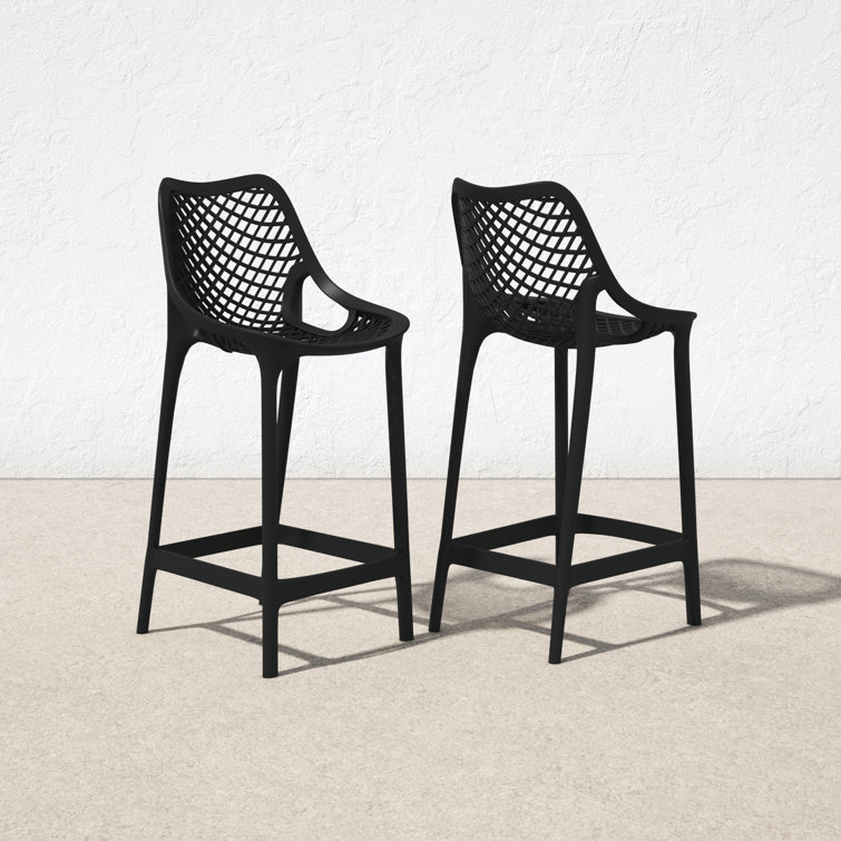Black Plastic Outdoor Bar Stools with Footrest, Set of 2
