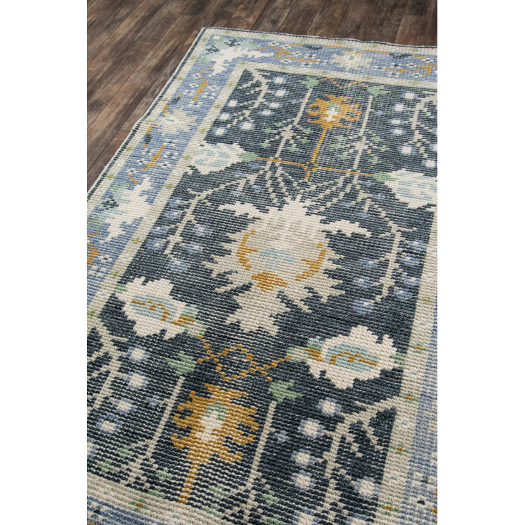 Hand-Knotted Blue Wool and Cotton Rectangular Rug