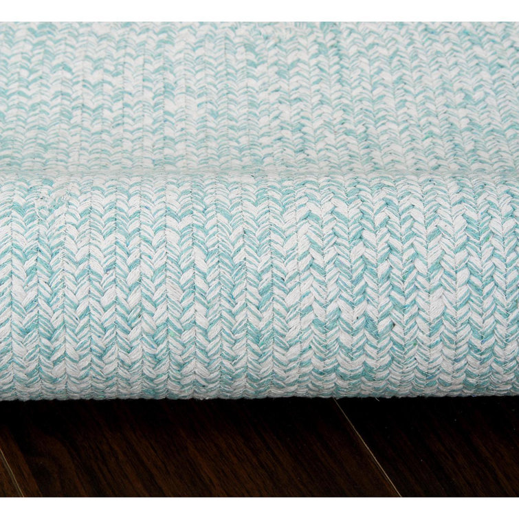 Turquoise and White Braided Cotton Half Circle Rug