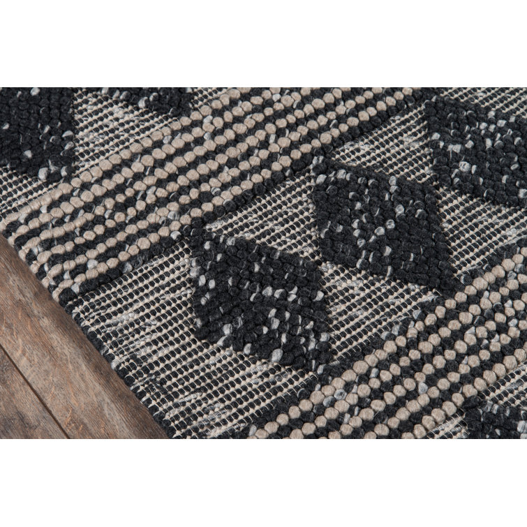 Charcoal Gray Geometric Wool and Viscose Runner Rug