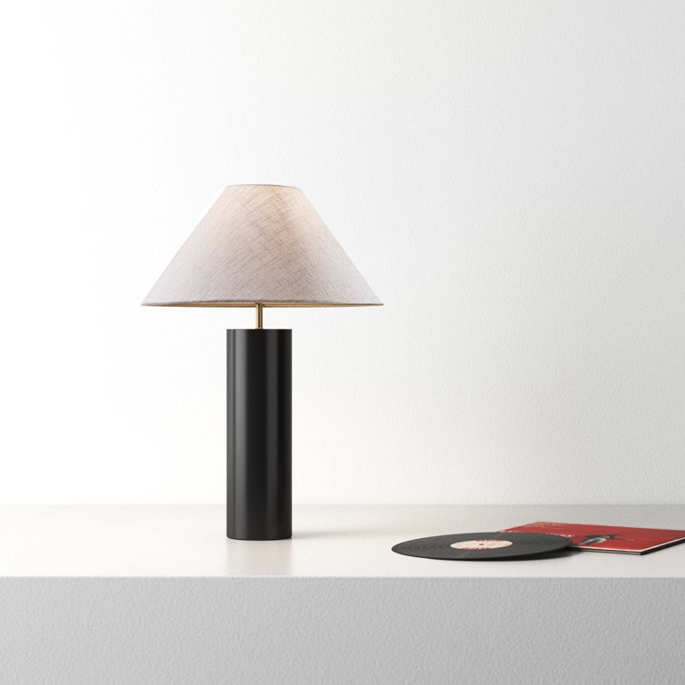 Black Solid Wood Table Lamp with Gray Linen Shade
