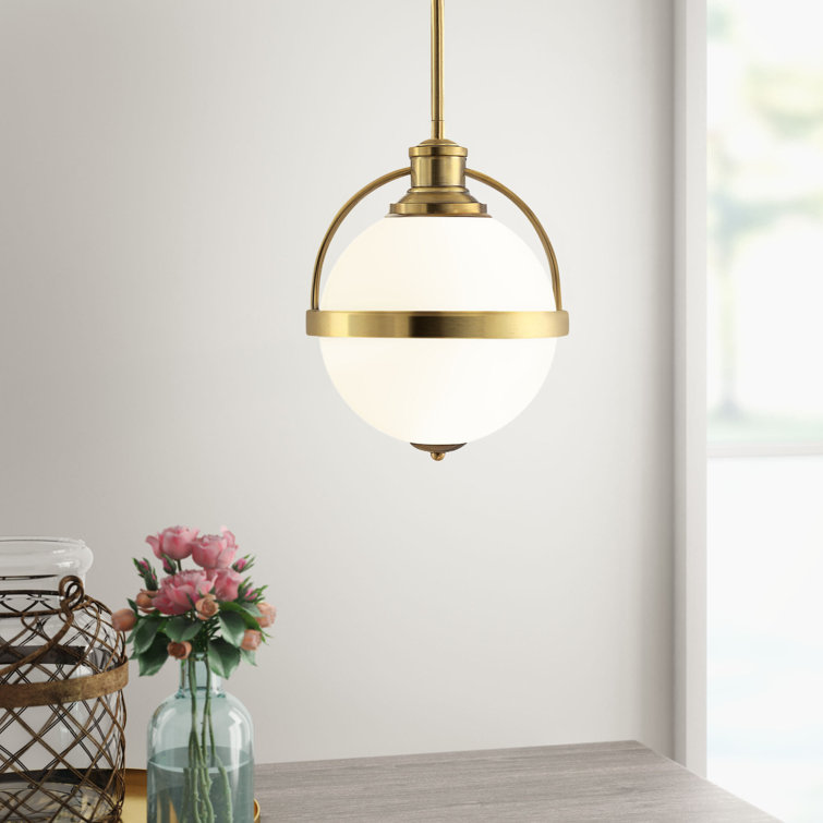 Warm Brass Globe Pendant Light with White Opal Glass Shade