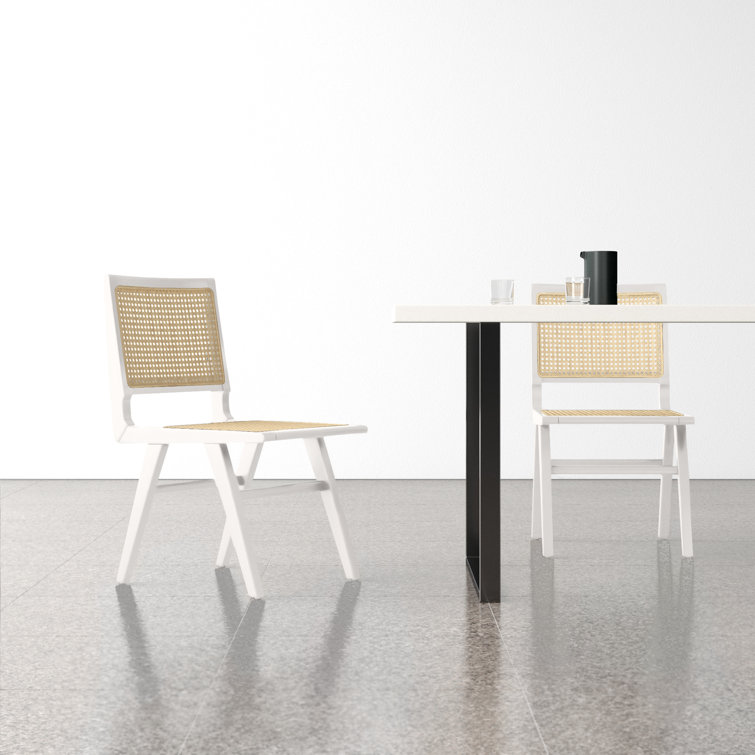 Elegant Coastal White Wood & Natural Cane Side Chair