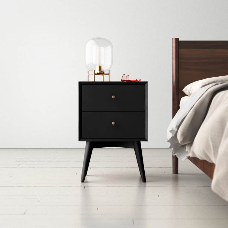 Flynn Black Transitional Mid-Century 2-Drawer Nightstand