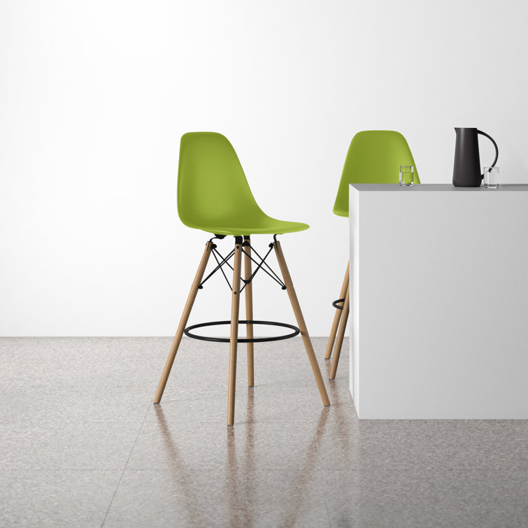 Parisian Modern Classic Green Counter Stools with Natural Wood Legs, Set of 2