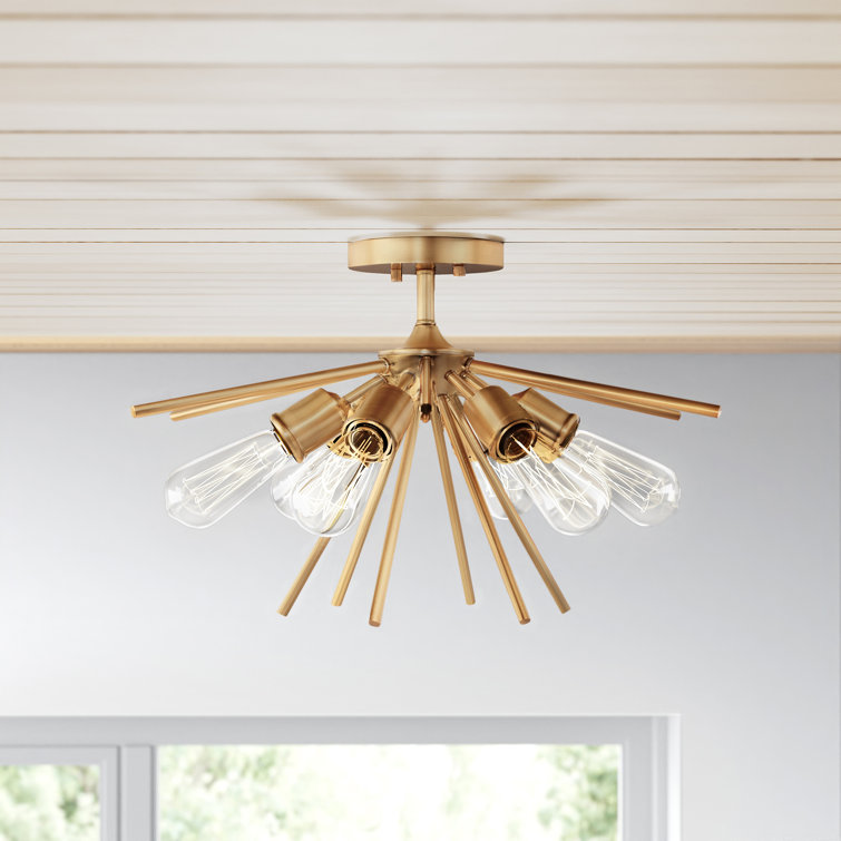 Natural Brass 6-Light Sputnik Semi Flush Mount Fixture