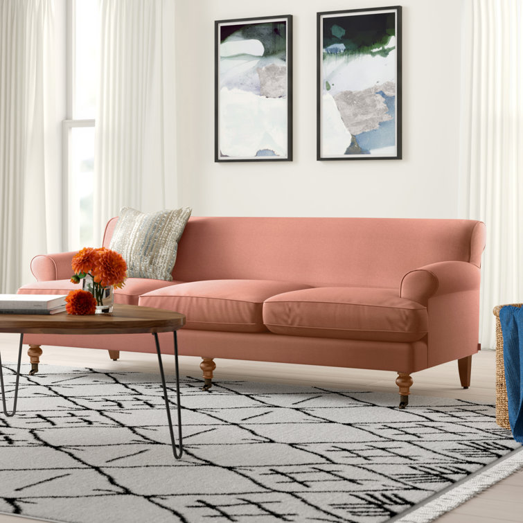 Peach Orange Velvet Lawson Sofa with Pinewood Frame and Removable Cushions