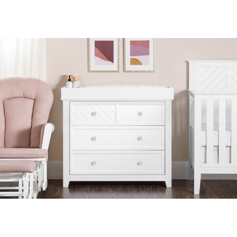 Matte White Chevron Pattern 3-Drawer Nursery Dresser