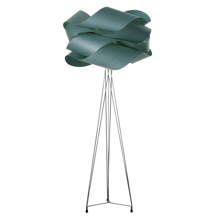 Ivory White Steel Tripod Floor Lamp with Wood Veneer Shade