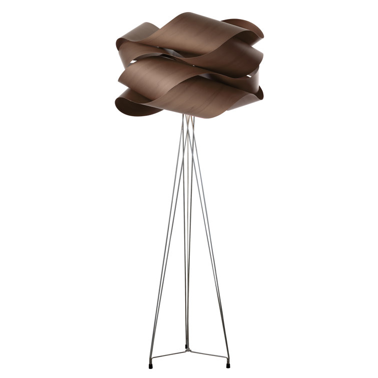 Ivory White Steel Tripod Floor Lamp with Wood Veneer Shade