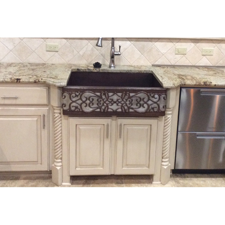 37" Hammered Copper Farmhouse Sink with Scroll Design