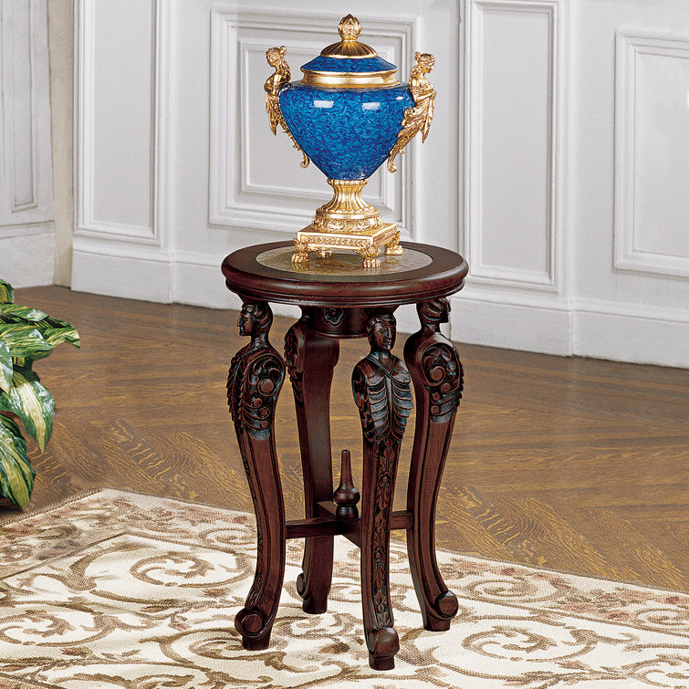 Round Wood and Stone End Table with Marble Inlay