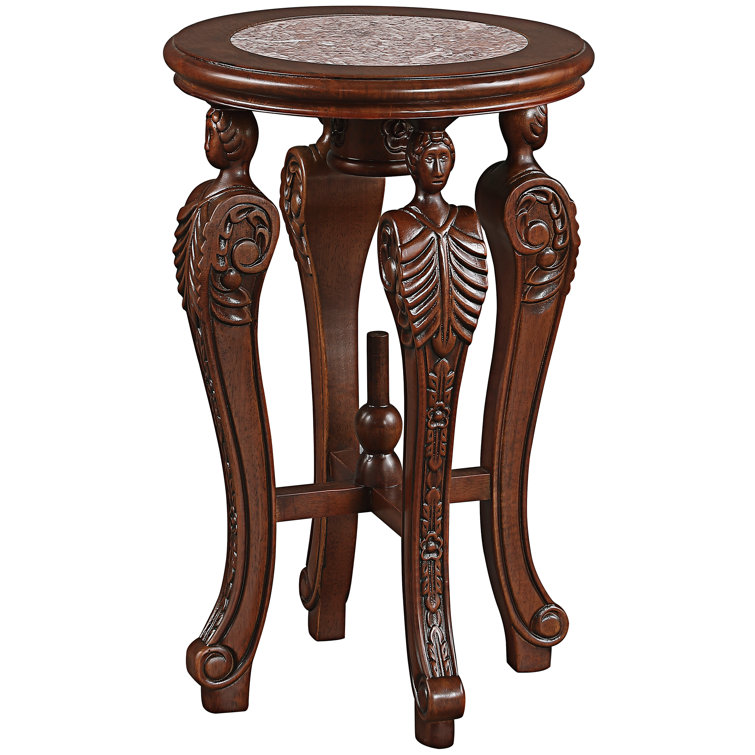 Round Wood and Stone End Table with Marble Inlay