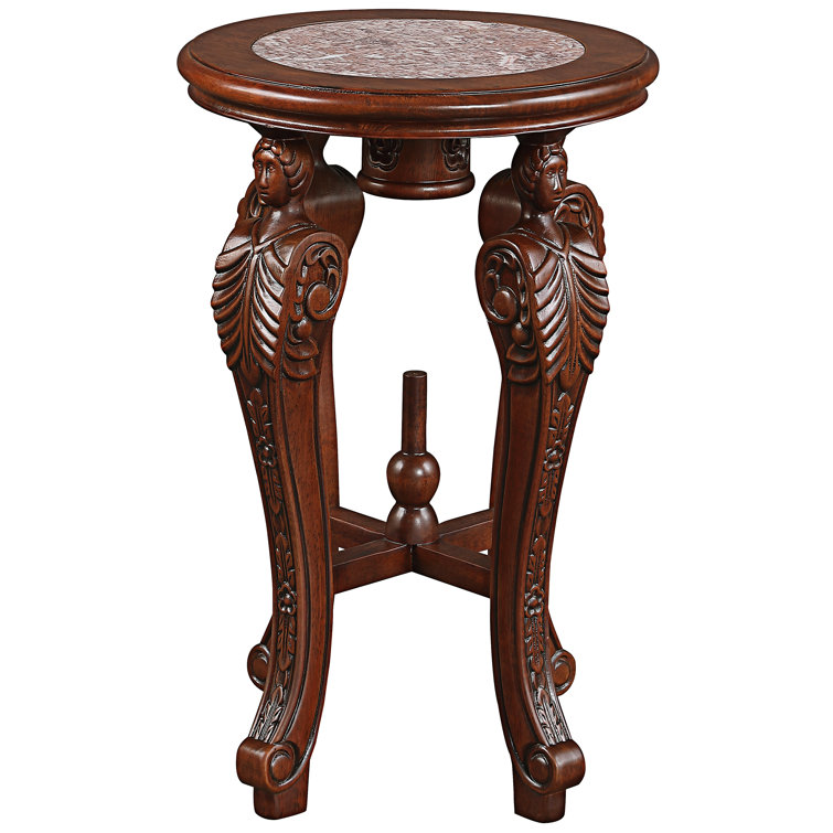 Round Wood and Stone End Table with Marble Inlay