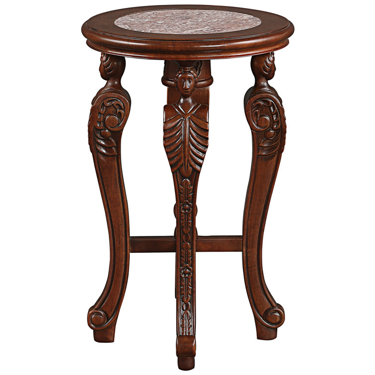 Round Wood and Stone End Table with Marble Inlay