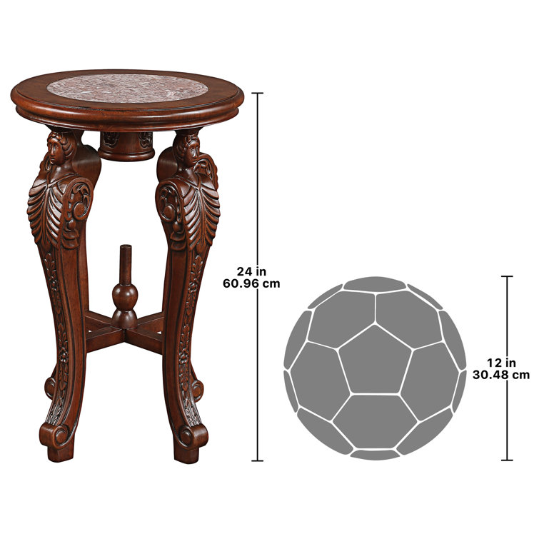 Round Wood and Stone End Table with Marble Inlay