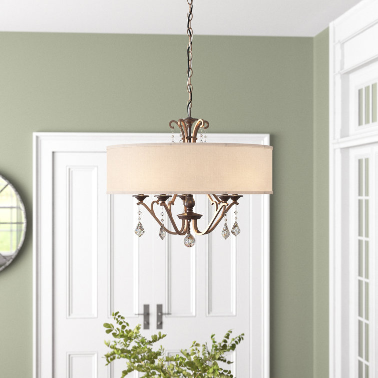 Gwendolyn Place Drum Chandelier with Oatmeal Linen Shade and Crystal Accents