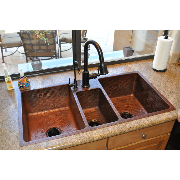 42" Hammered Copper Triple Basin Farmhouse Kitchen Sink