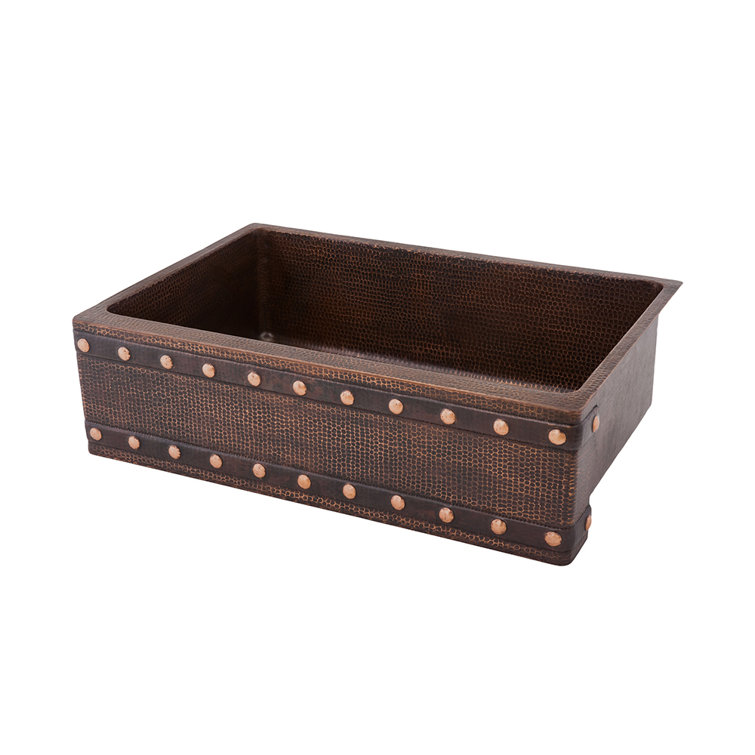 30" Hammered Copper Farmhouse Apron Sink with Barrel Strap Design