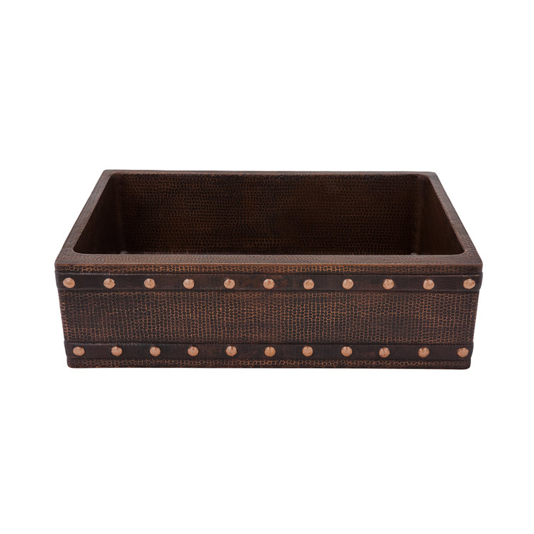 30" Hammered Copper Farmhouse Apron Sink with Barrel Strap Design