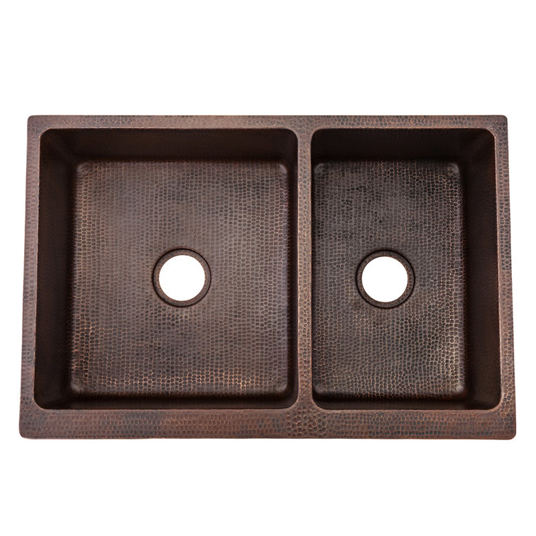 33" Hammered Copper Farmhouse Double Basin Sink with Scroll Design