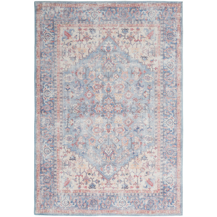 Vintage-Style Blue Floral Medallion Cotton Chenille Area Rug, 5'3" x 7'3"